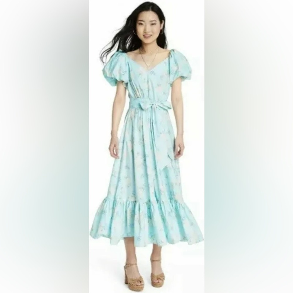 LoveShackFancy Mint Floral Puff-Sleeve Midi Dress Sz 16 NWT
